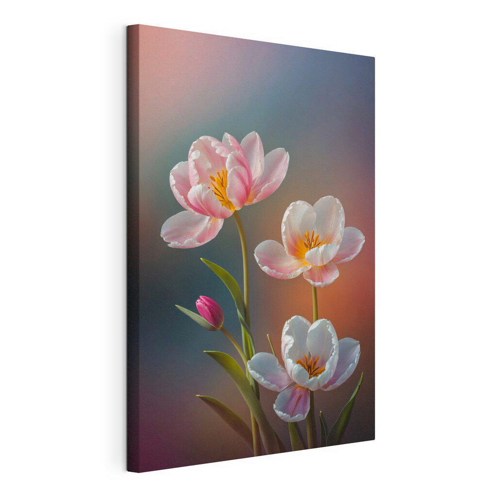 Drie bloemen in pasteltinten, gespannen canvas met doorlopende rand