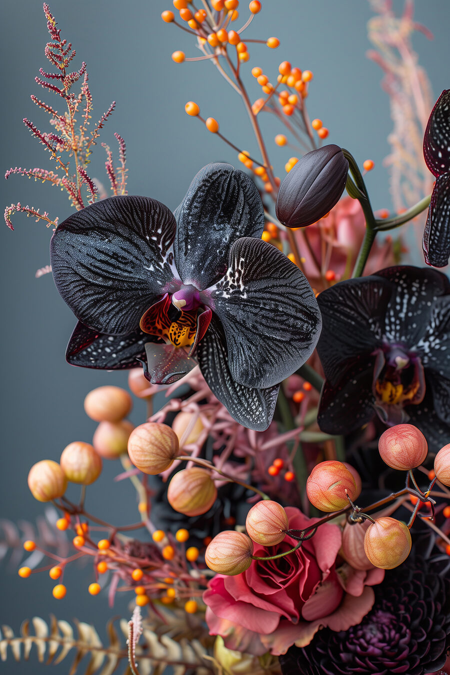 Zwarte orchidee tussen bessen — volledig ontwerp