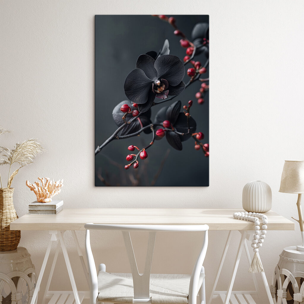 Zwarte orchidee aan bessentak — interieur 1