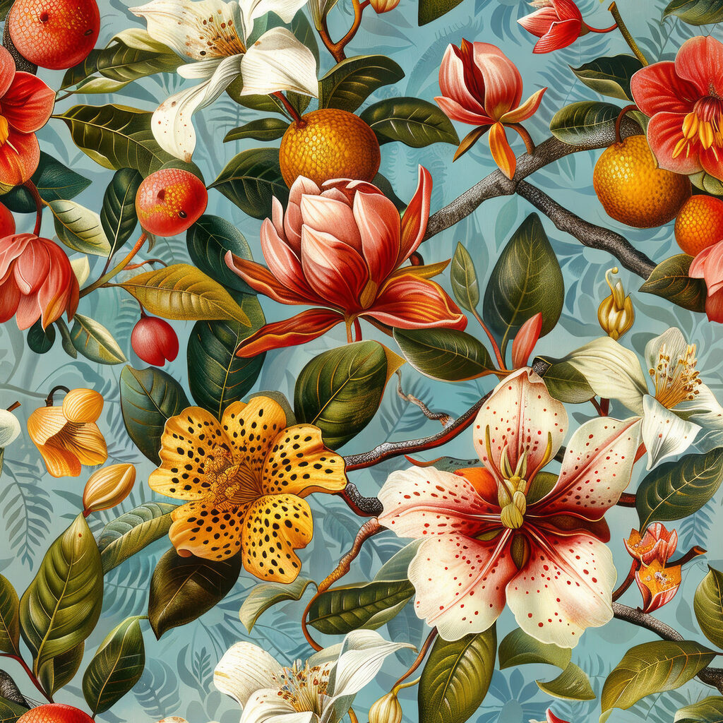 Bloemen tussen oranje fruit — volledig ontwerp