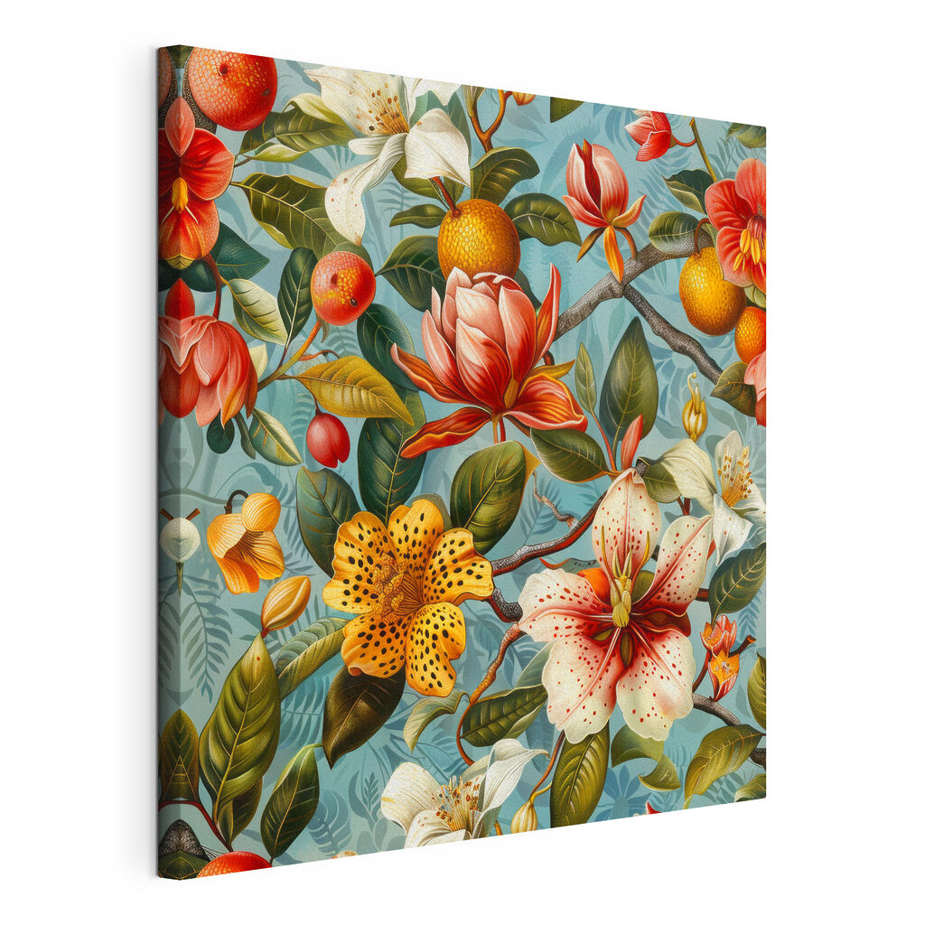 Bloemen tussen oranje fruit, gespannen canvas met doorlopende rand