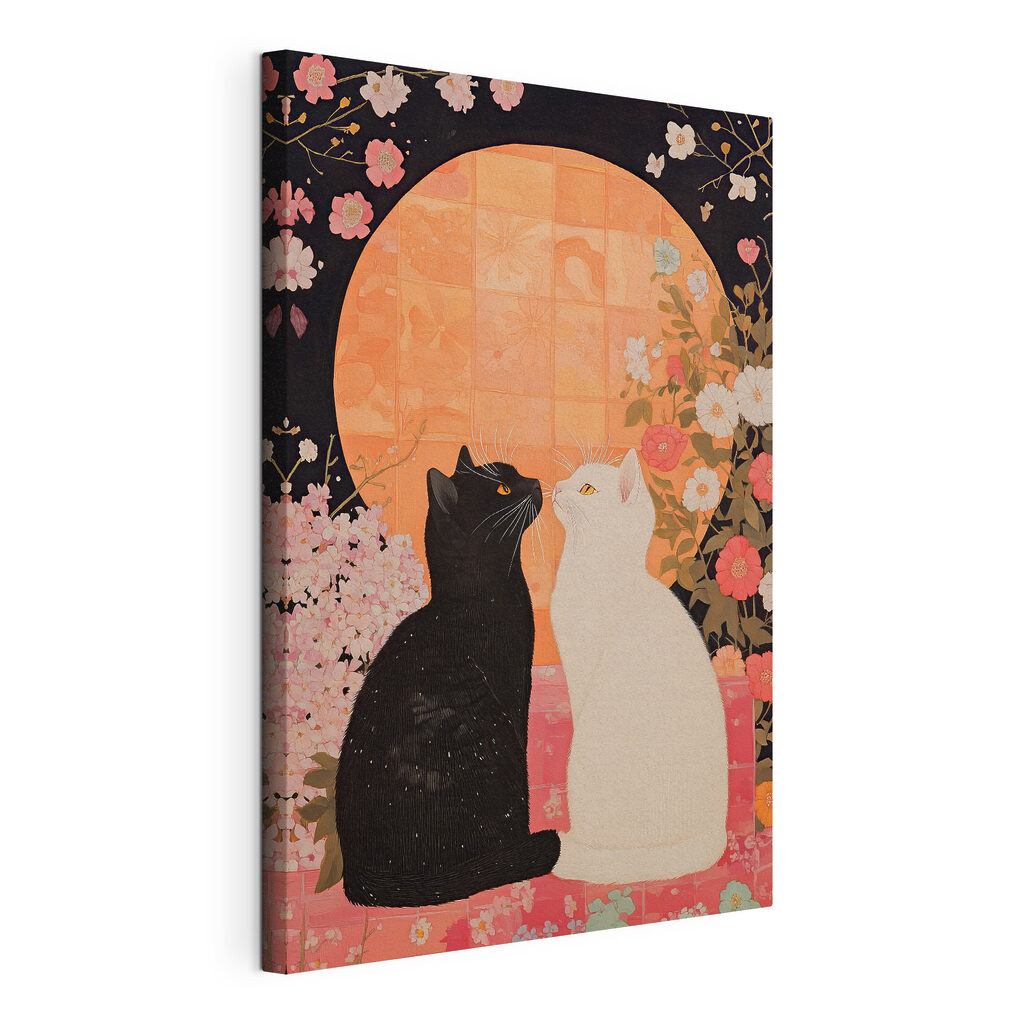 Twee katten onder bloesem, gespannen canvas met doorlopende rand