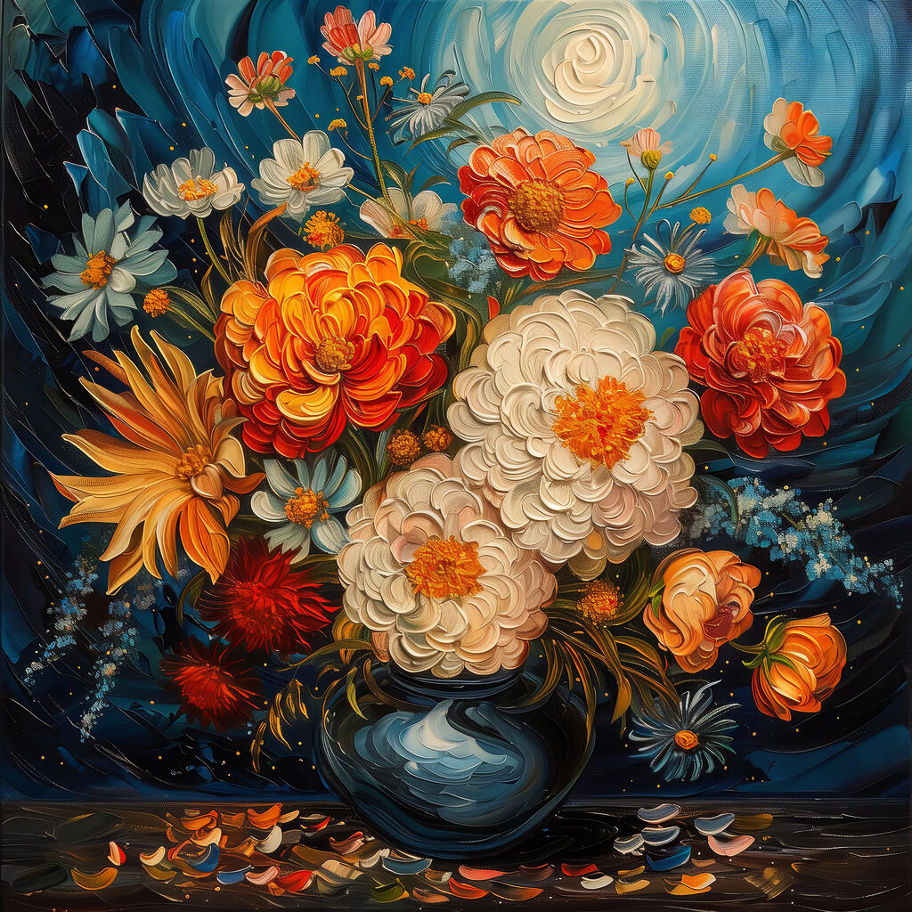Bloemen onder blauwe wervels — volledig ontwerp