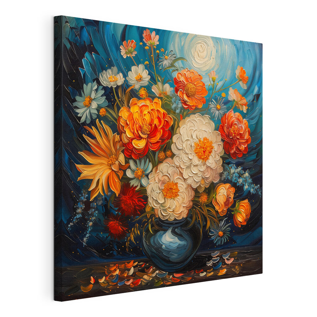 Bloemen onder blauwe wervels, gespannen canvas met doorlopende rand