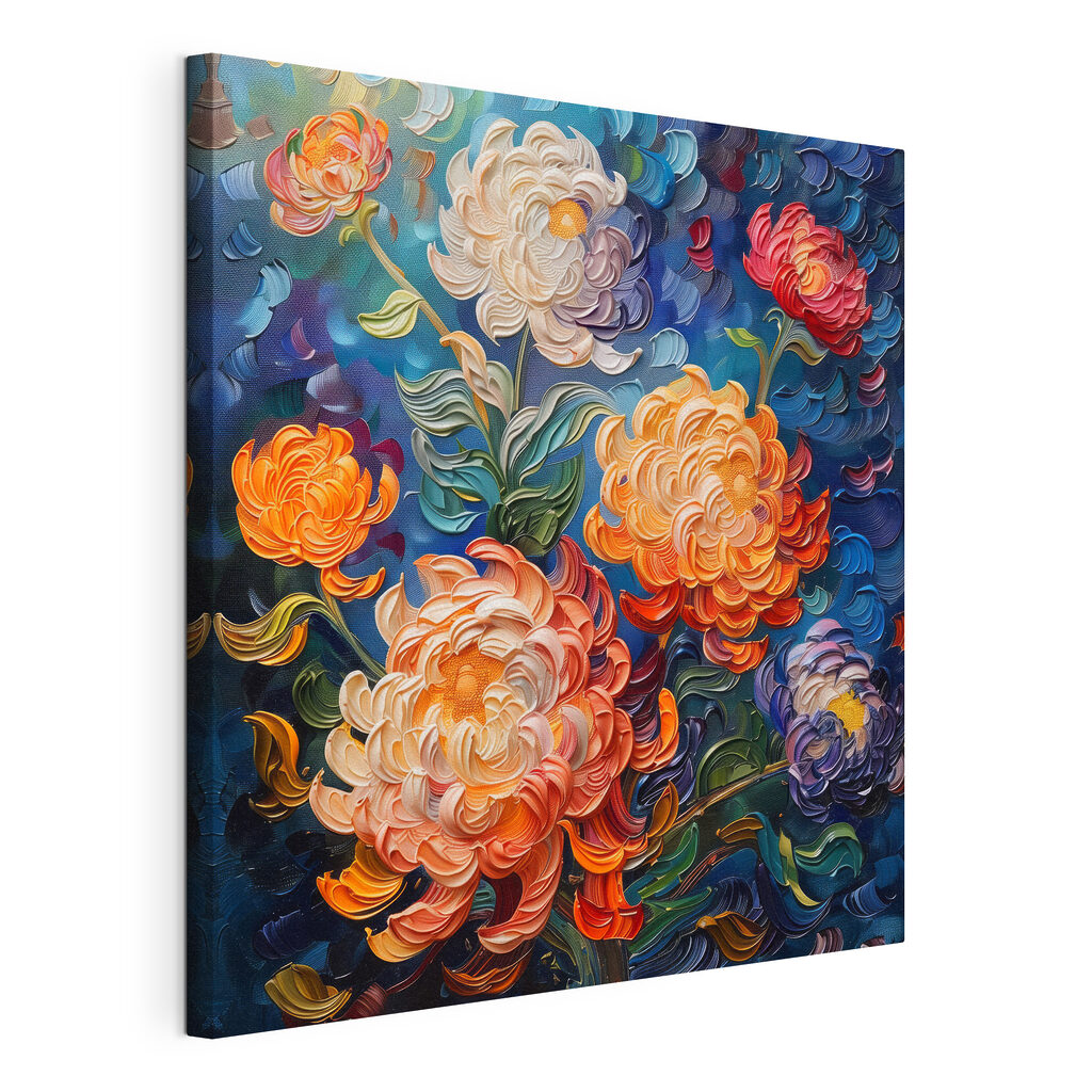 Bloemen in dikke penseelstreken, gespannen canvas met doorlopende rand