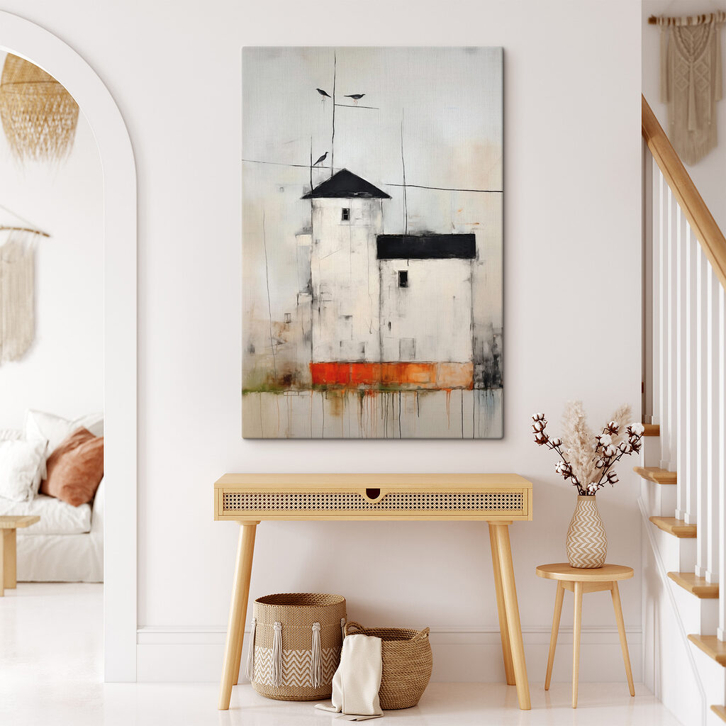 Witte toren, rode basis in een interieur