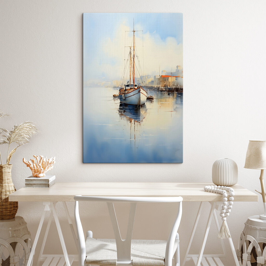 Een zeilboot in ochtendstilte in een interieur
