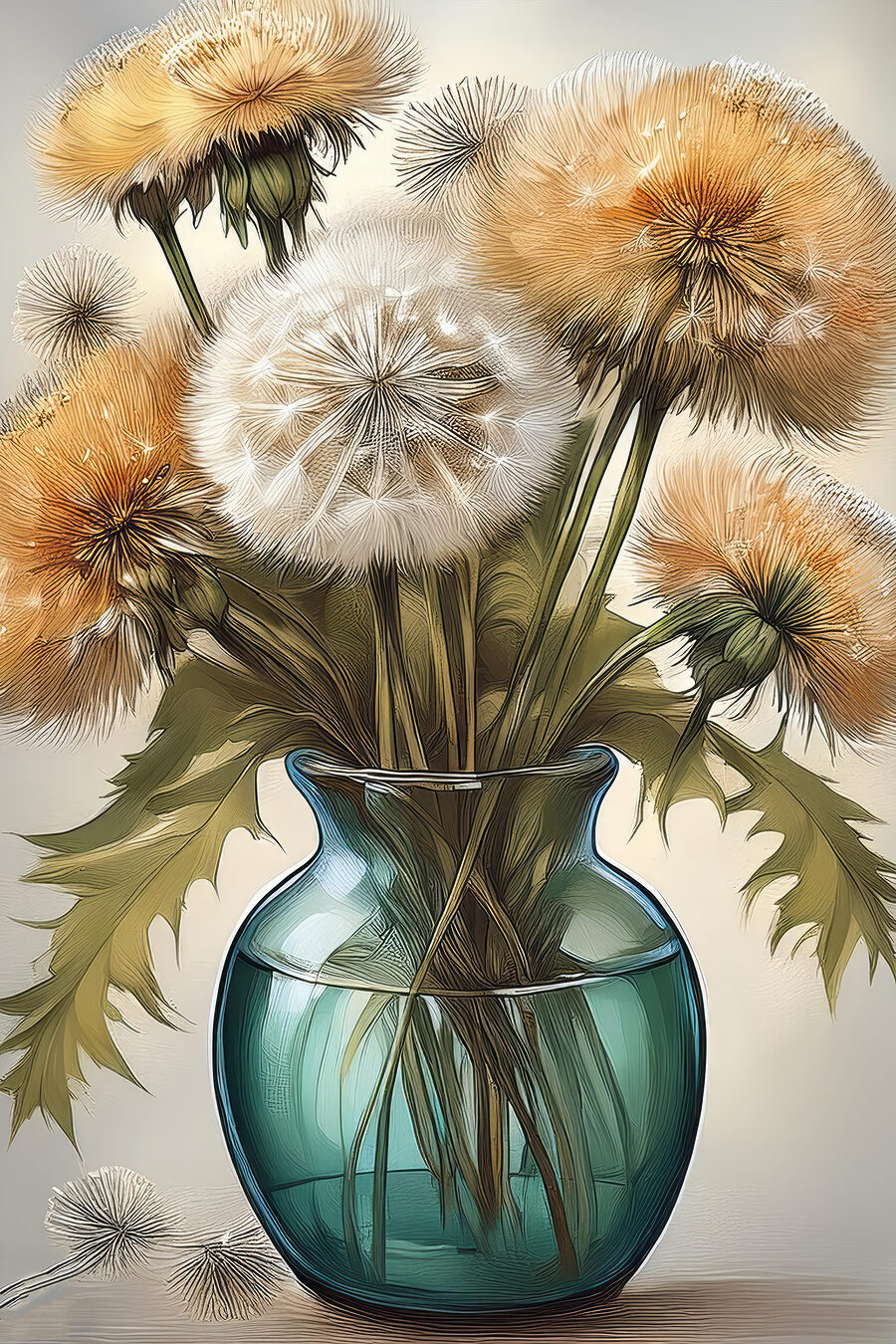 Pluisbollen in groenblauw glas — volledig ontwerp