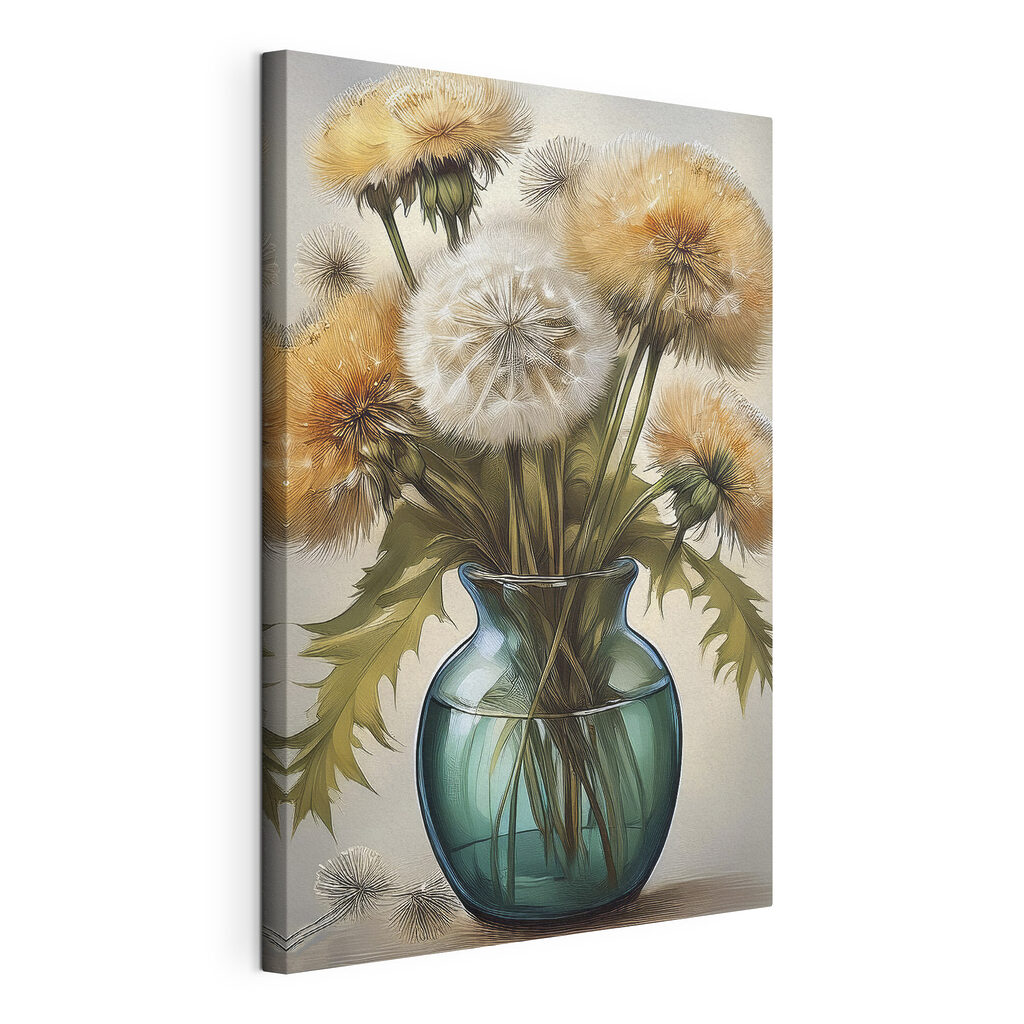 Pluisbollen in groenblauw glas, gespannen canvas met doorlopende rand