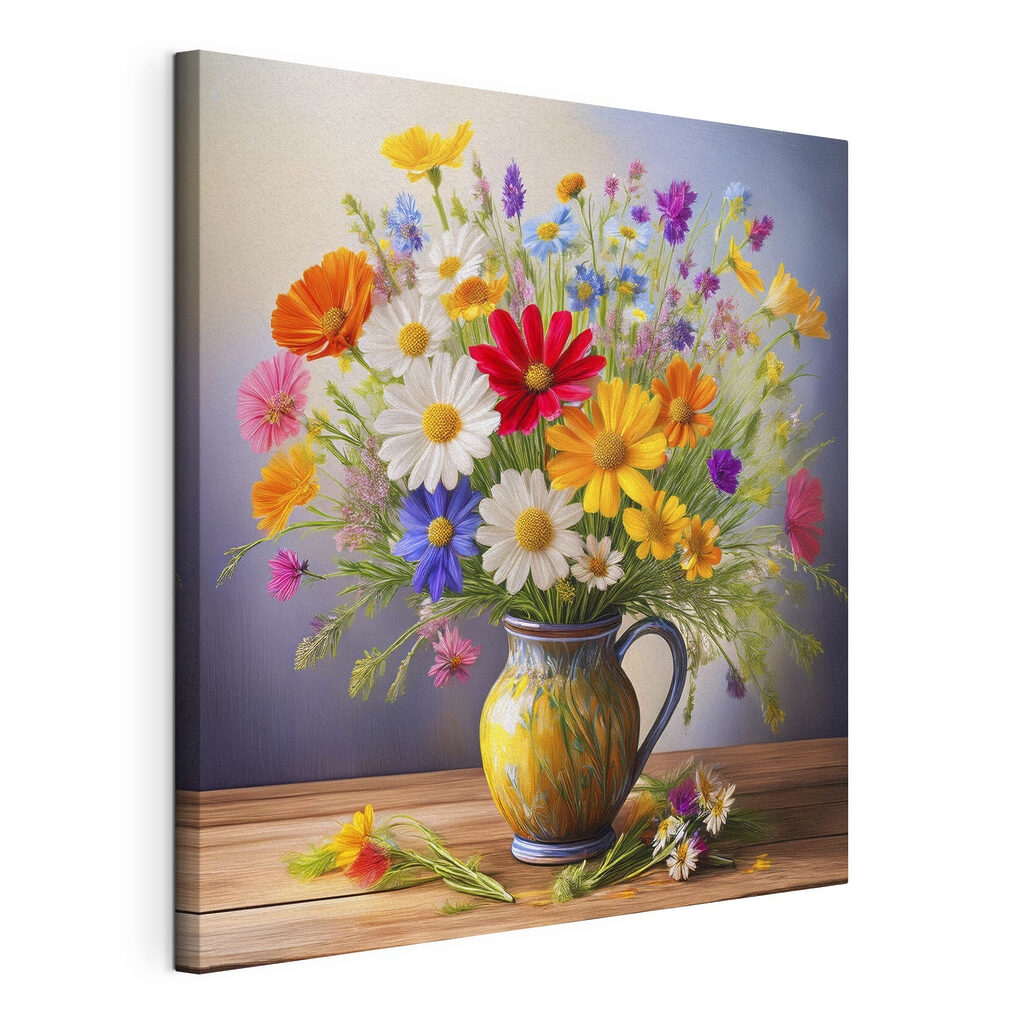 Zomerboeket in gele kan, gespannen canvas met doorlopende rand