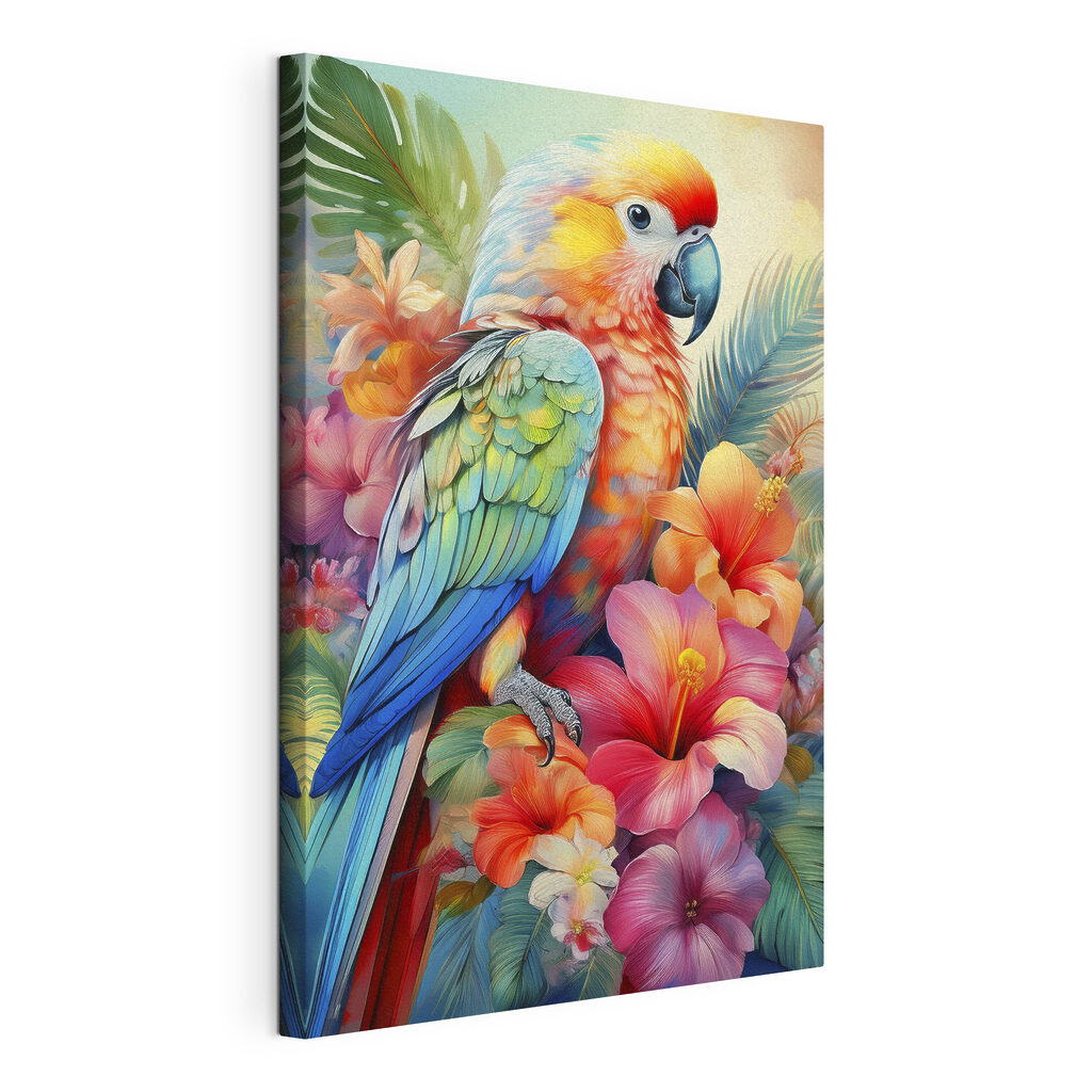 Papegaai tussen tropische bloemen, gespannen canvas met doorlopende rand