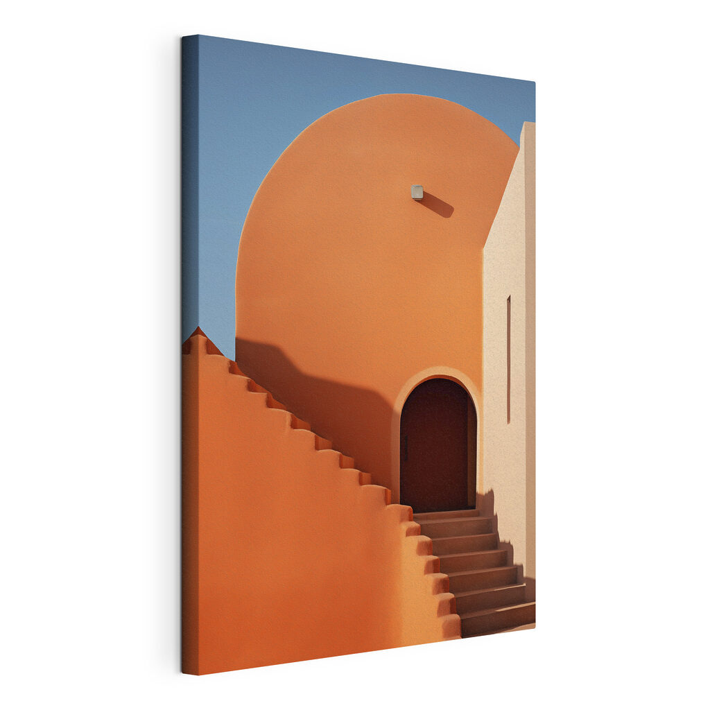 Een trap langs terracotta, gespannen canvas met doorlopende rand