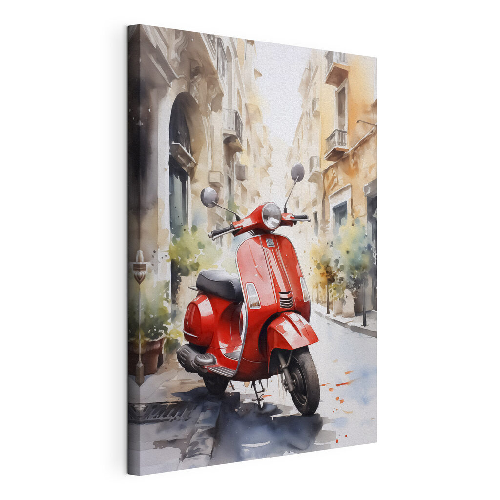 Rode scooter in steeg, gespannen canvas met doorlopende rand