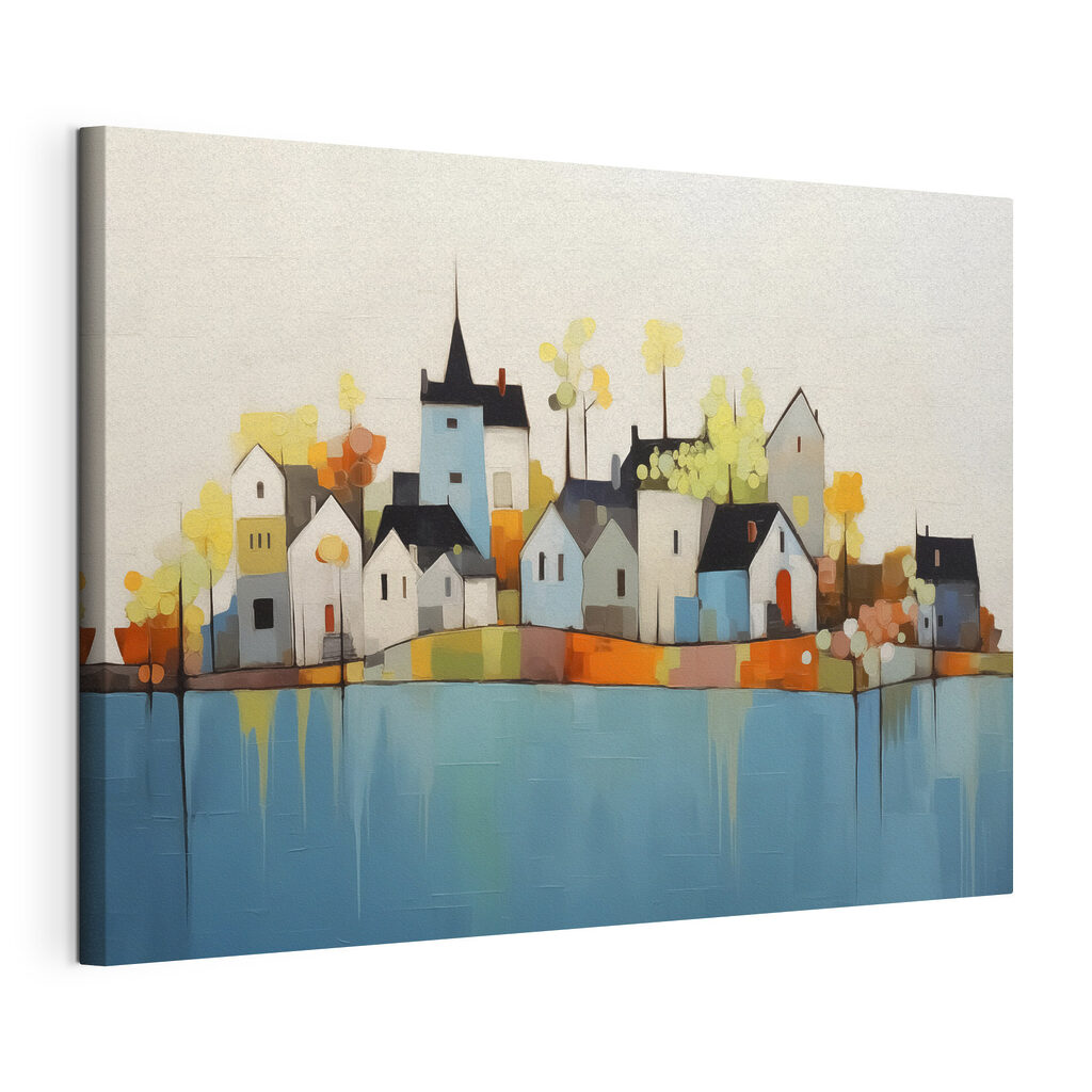 Een dorp boven turquoise, gespannen canvas met doorlopende rand