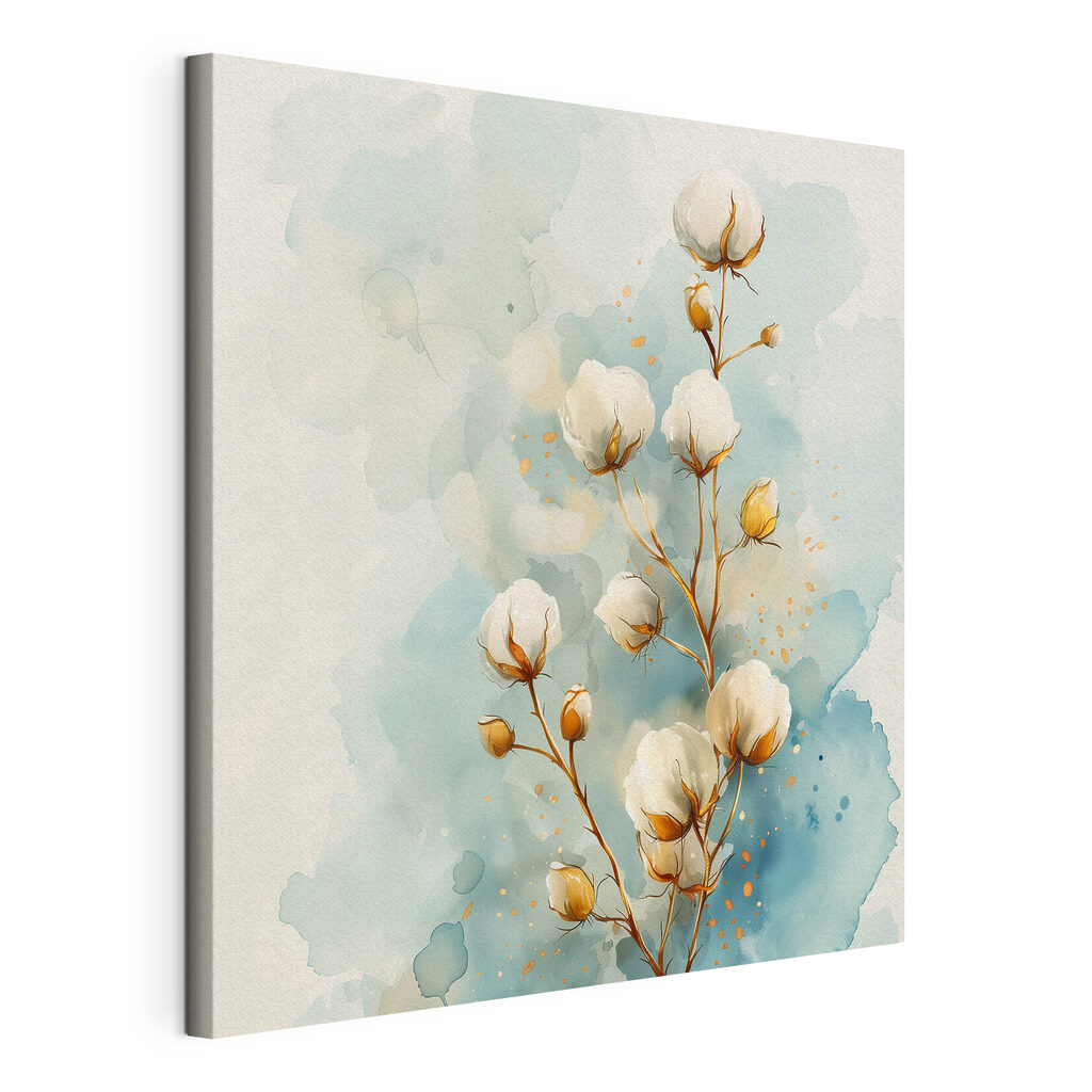 Aquarel van katoenen bloemen, gespannen canvas met doorlopende rand