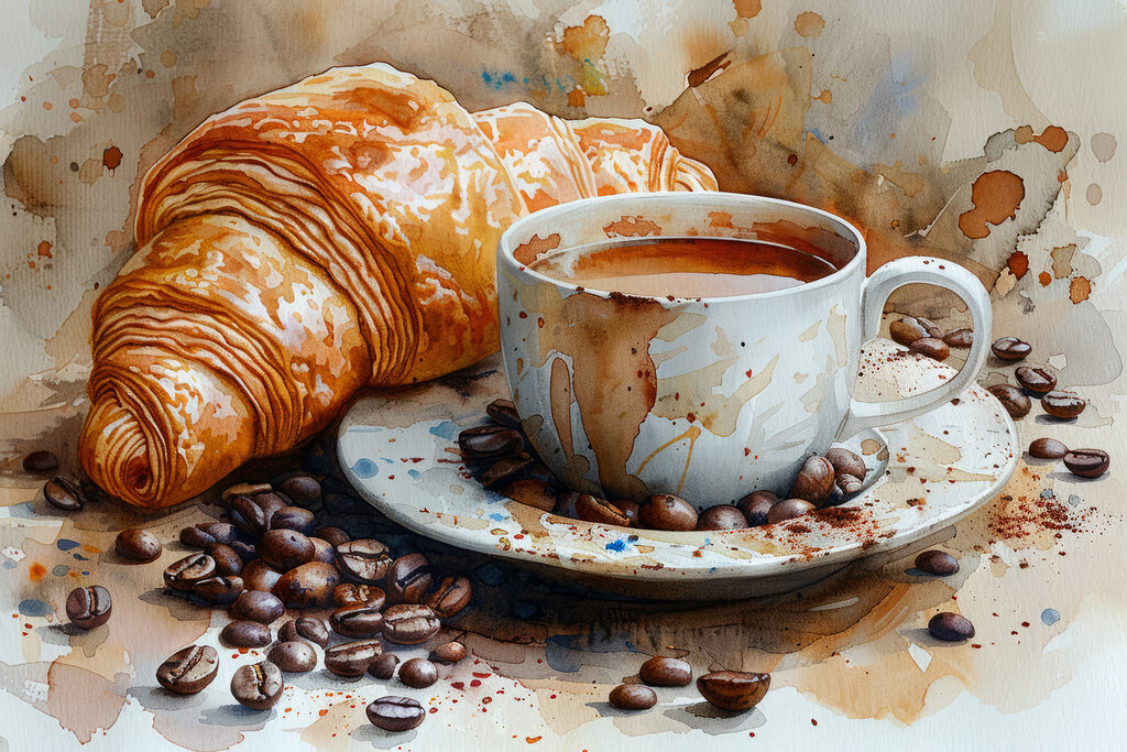 Croissant bij spattende koffie — volledig ontwerp