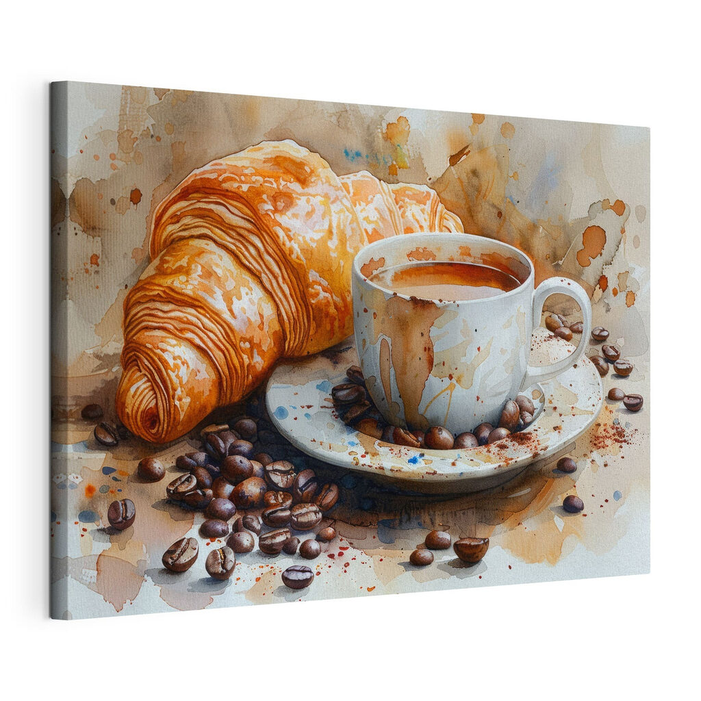Croissant bij spattende koffie — productweergave