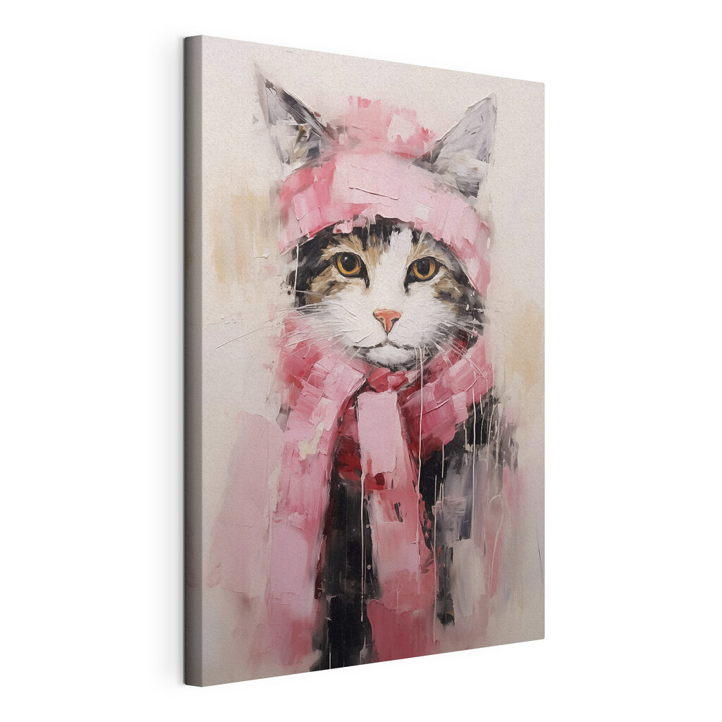 Katje met roze winterkleren, gespannen canvas met doorlopende rand