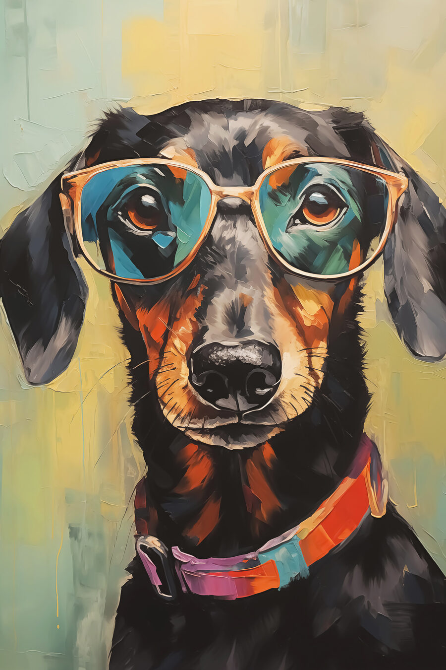 Schilderij van een hond met bril — volledig ontwerp
