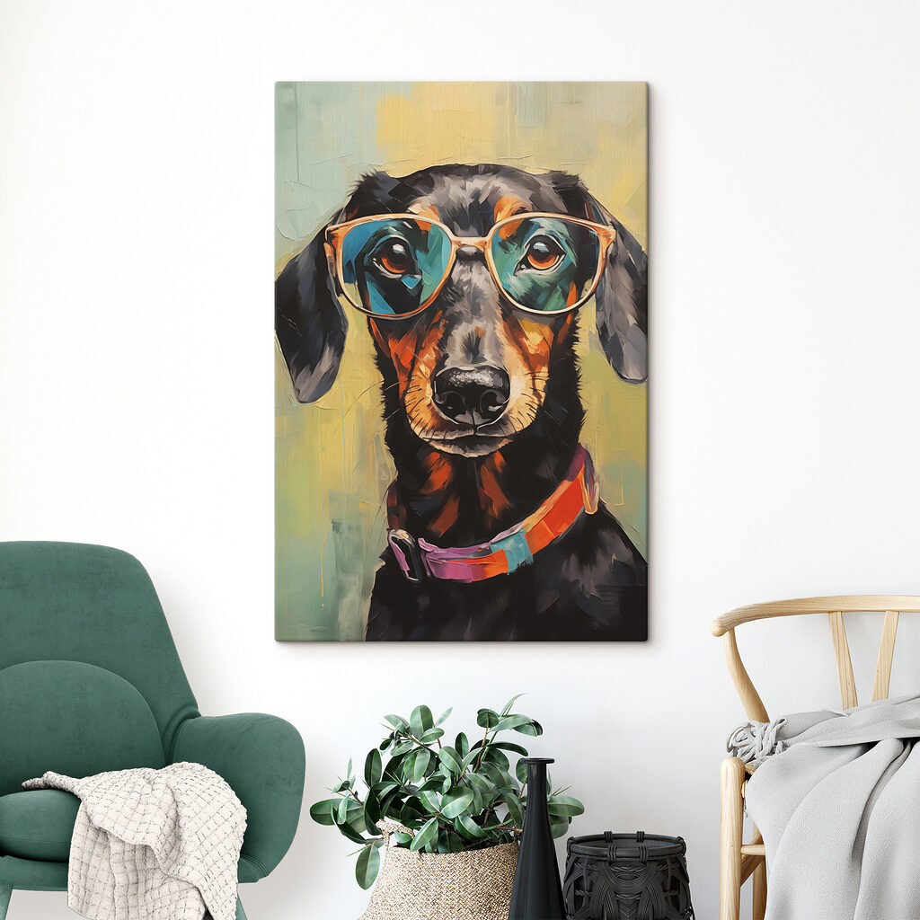 Schilderij van een hond met bril — interieur 1