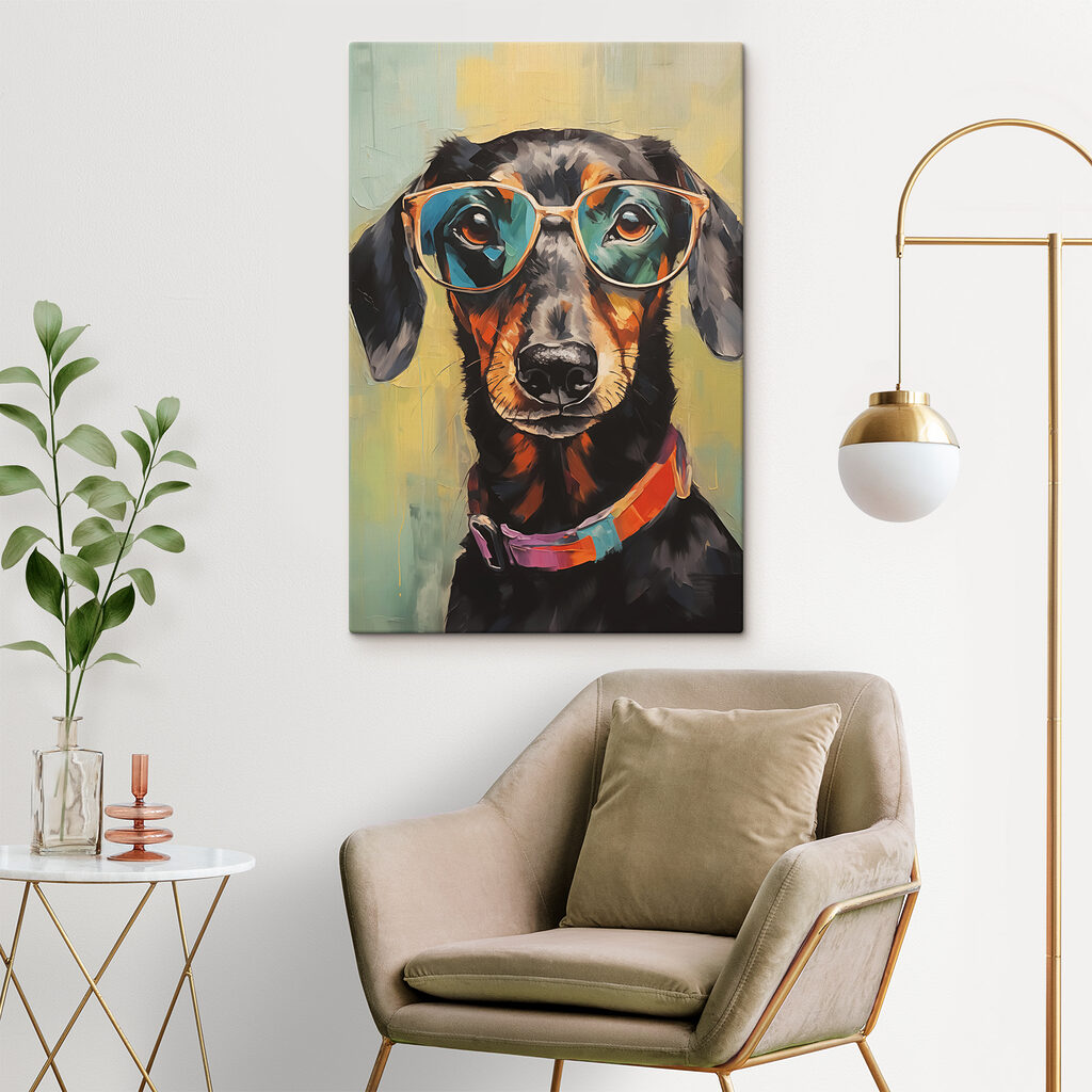 Schilderij van een hond met bril — interieur 2