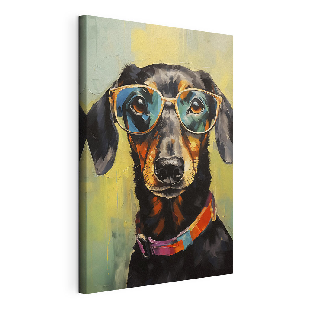 Schilderij van een hond met bril, gespannen canvas met doorlopende rand