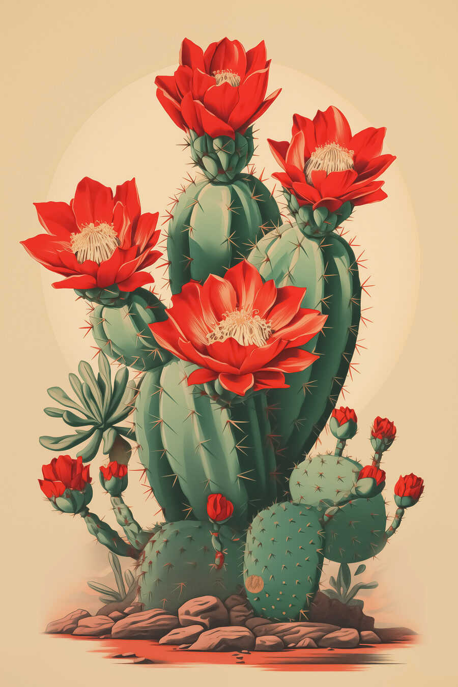 Cactus met rode bloei — volledig ontwerp