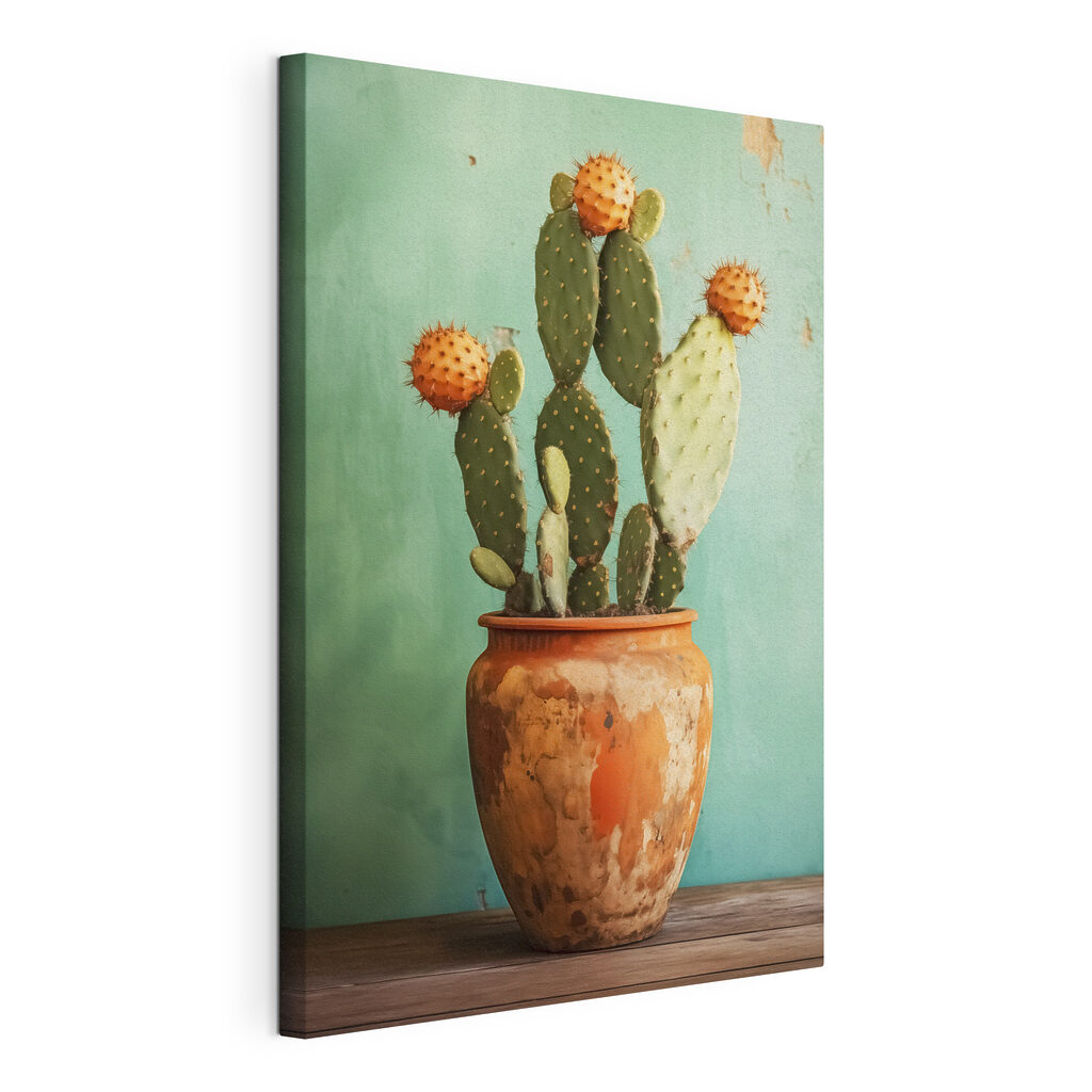 Een cactus in terracotta, gespannen canvas met doorlopende rand