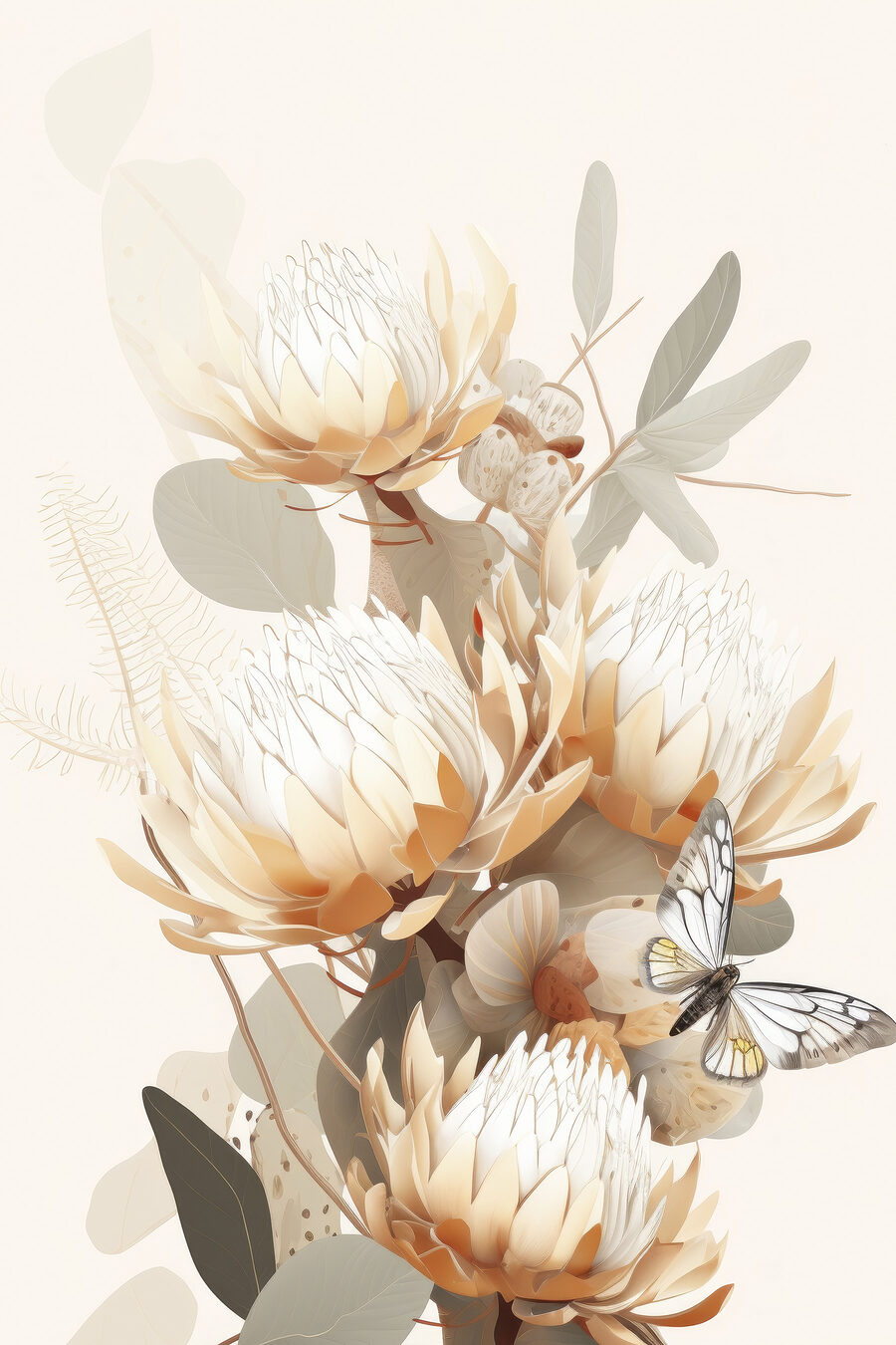 Bleke protea’s tussen blad — volledig ontwerp