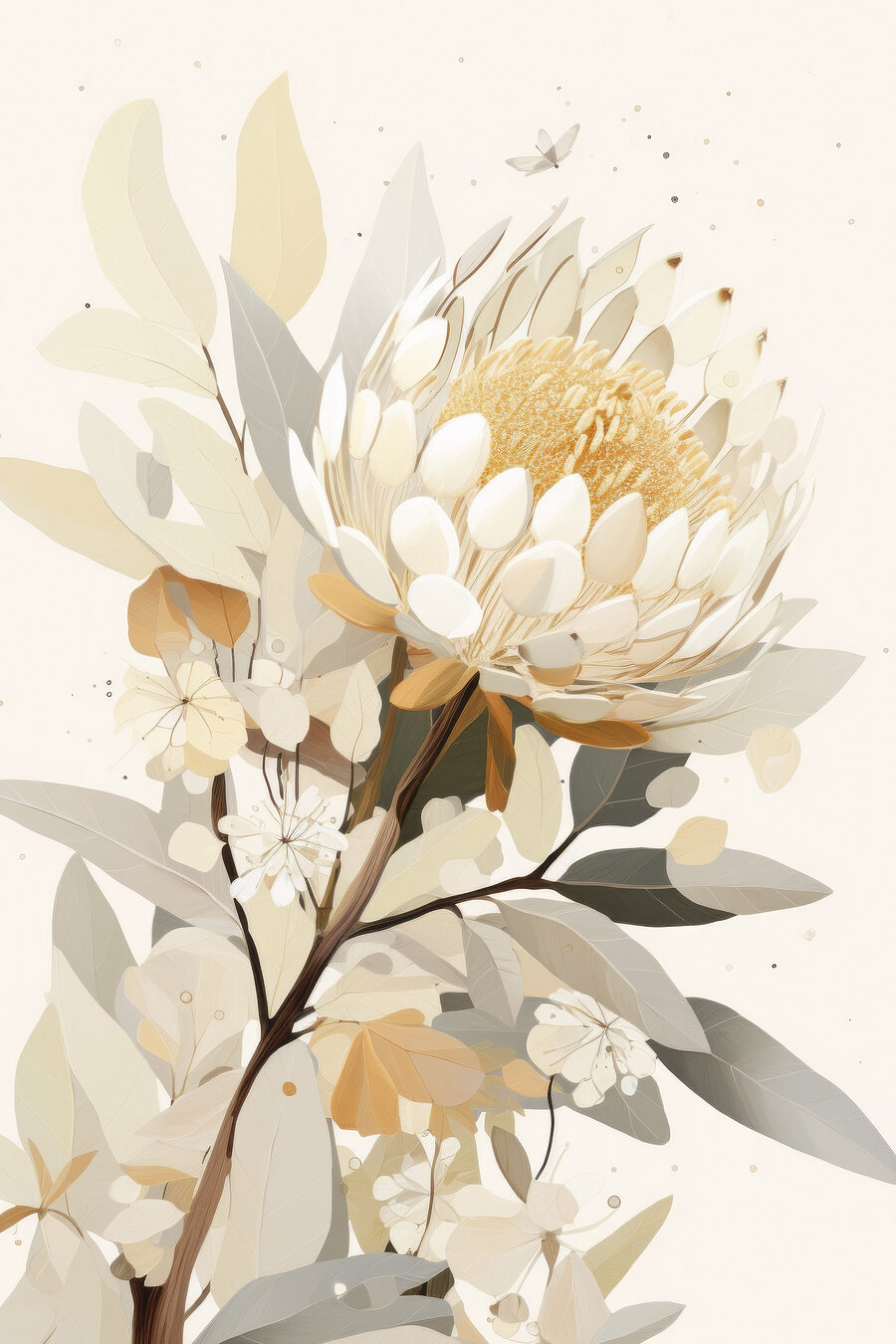 Gele protea tussen bladeren — volledig ontwerp