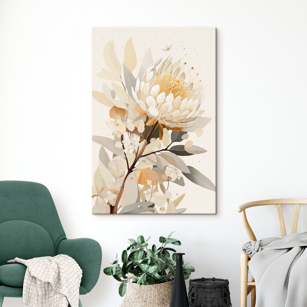Gele protea tussen bladeren — interieur 2