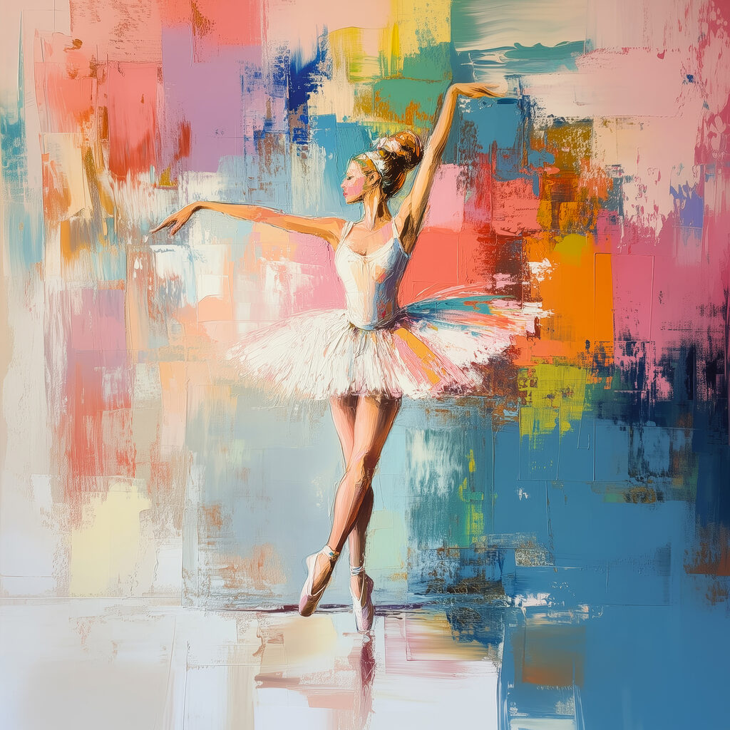 Ballerina tussen spiegelende kleurvakken — volledig ontwerp