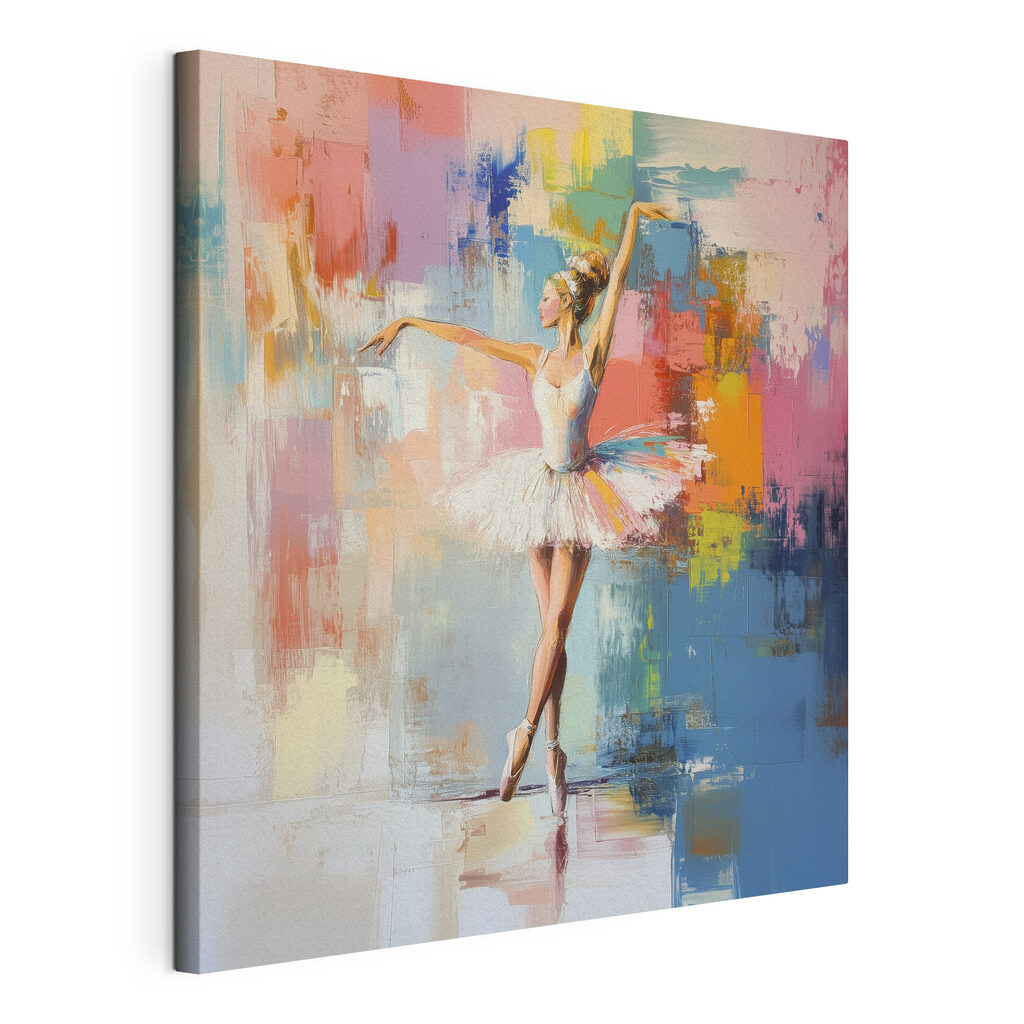 Ballerina tussen spiegelende kleurvakken, gespannen canvas met doorlopende rand