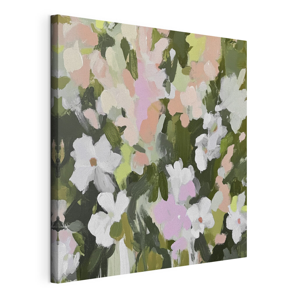 Witte bloemen tussen bladgroen, gespannen canvas met doorlopende rand