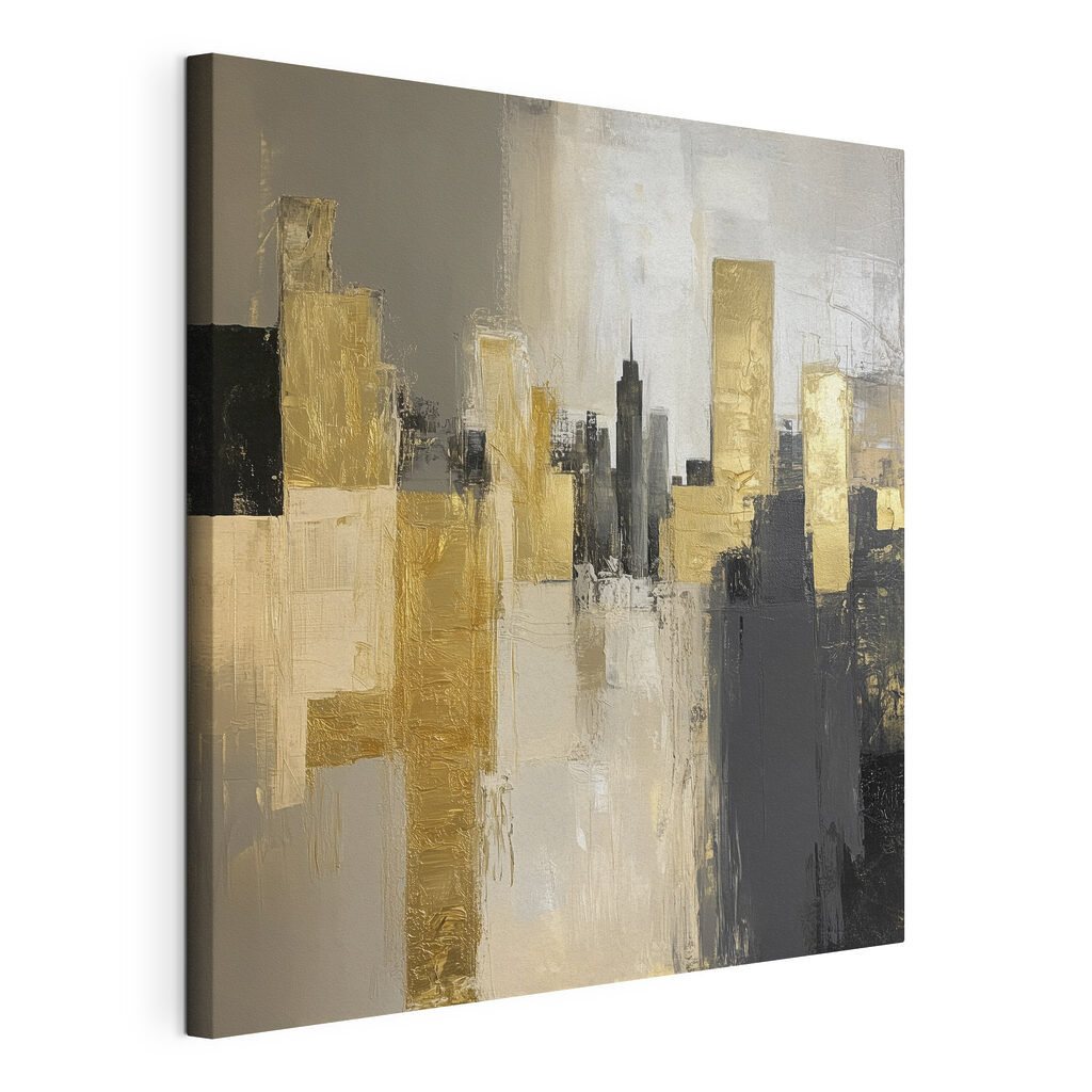 Een skyline in goudgrijs, gespannen canvas met doorlopende rand
