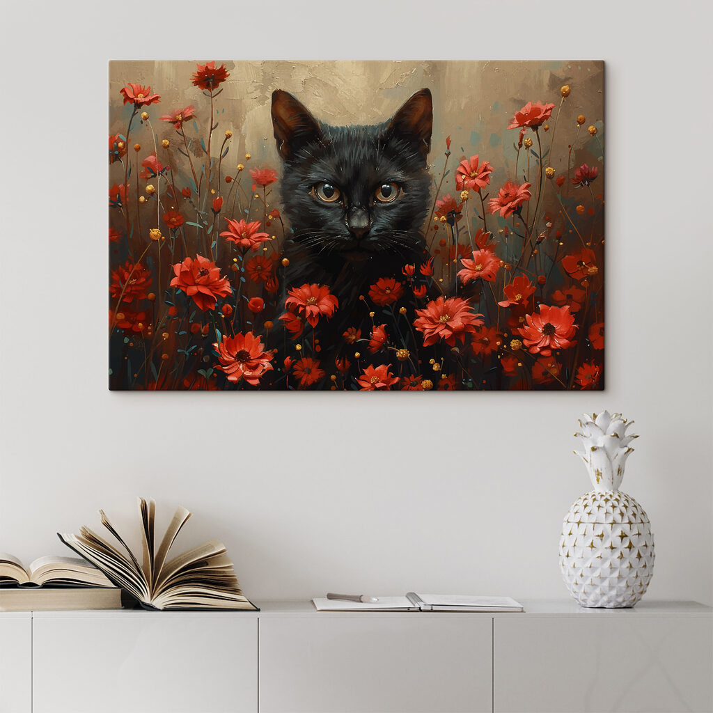 Zwarte kat in een veld met rode bloemen in een interieur