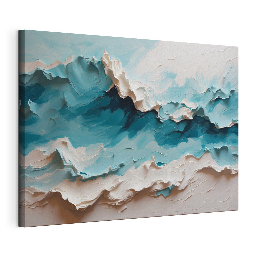 Turquoise golven met wit, gespannen canvas met doorlopende rand