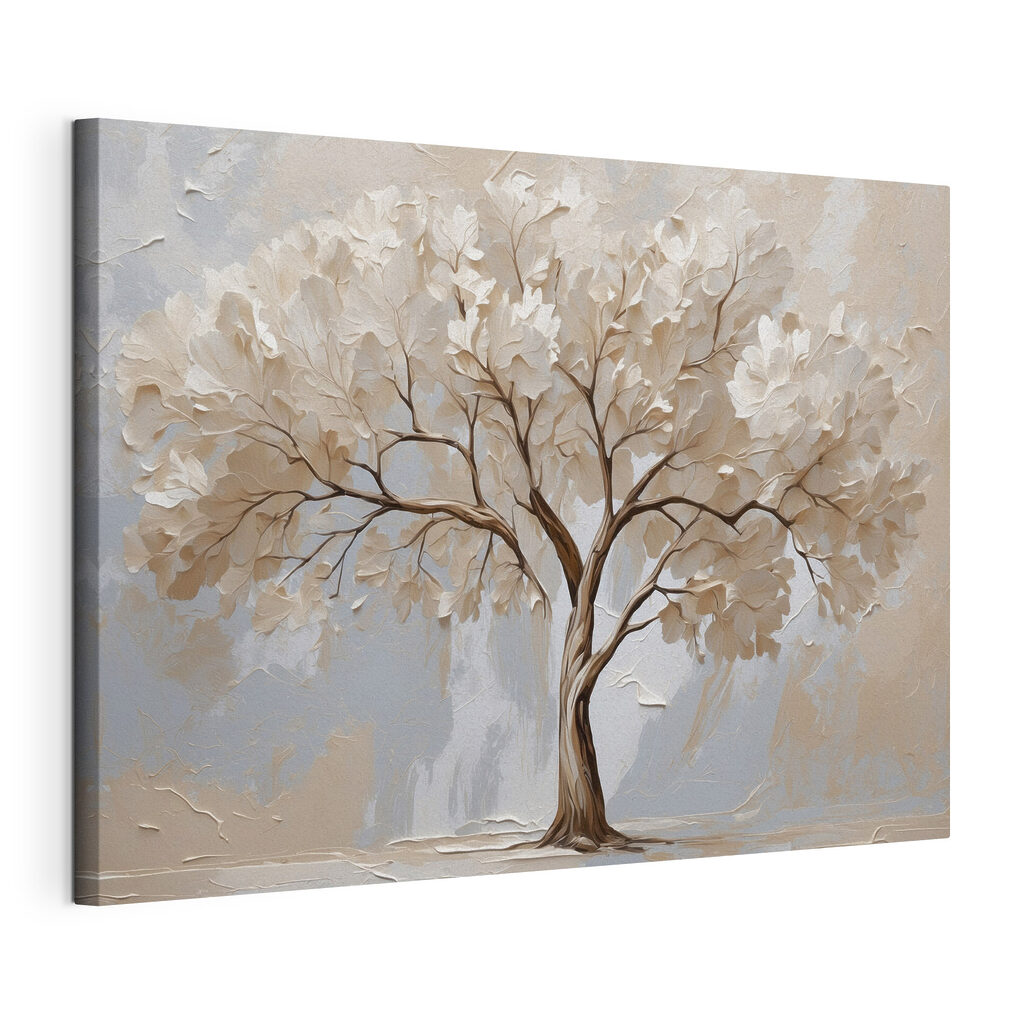 Witte bloesem, bruine takken, gespannen canvas met doorlopende rand
