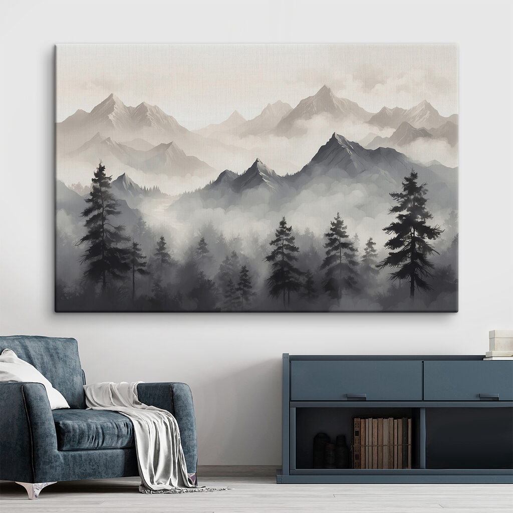 Landschap van bergen en bomen in een interieur