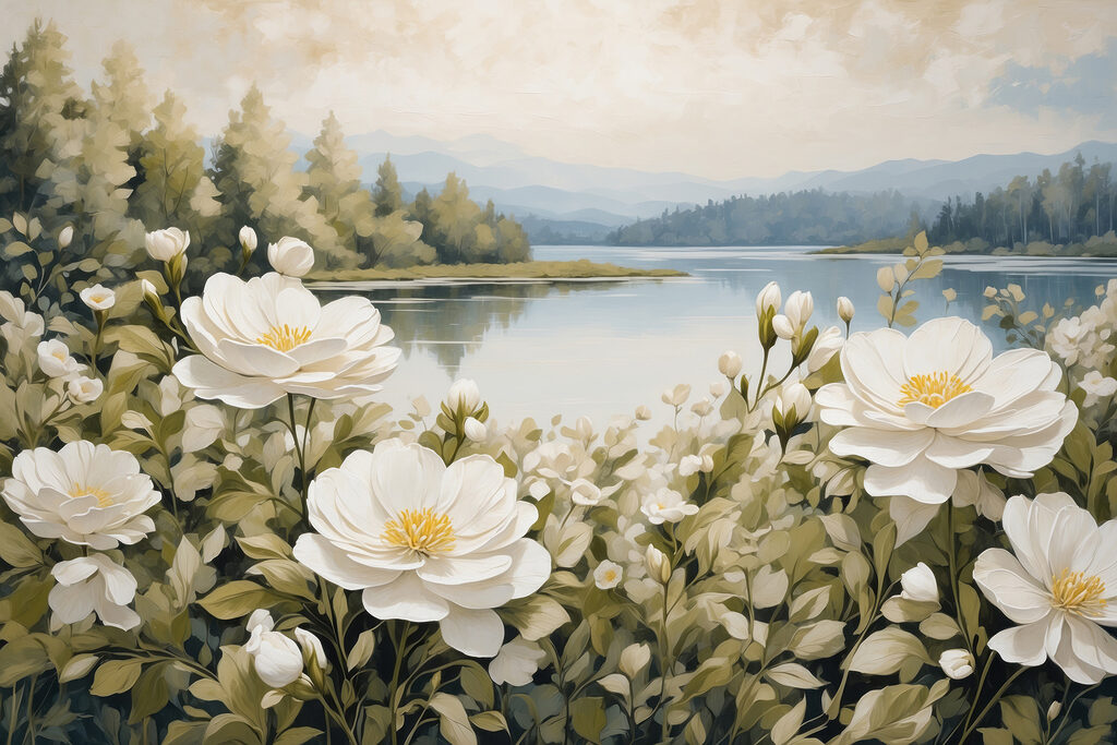 Roomwitte bloemen langs water — volledig ontwerp