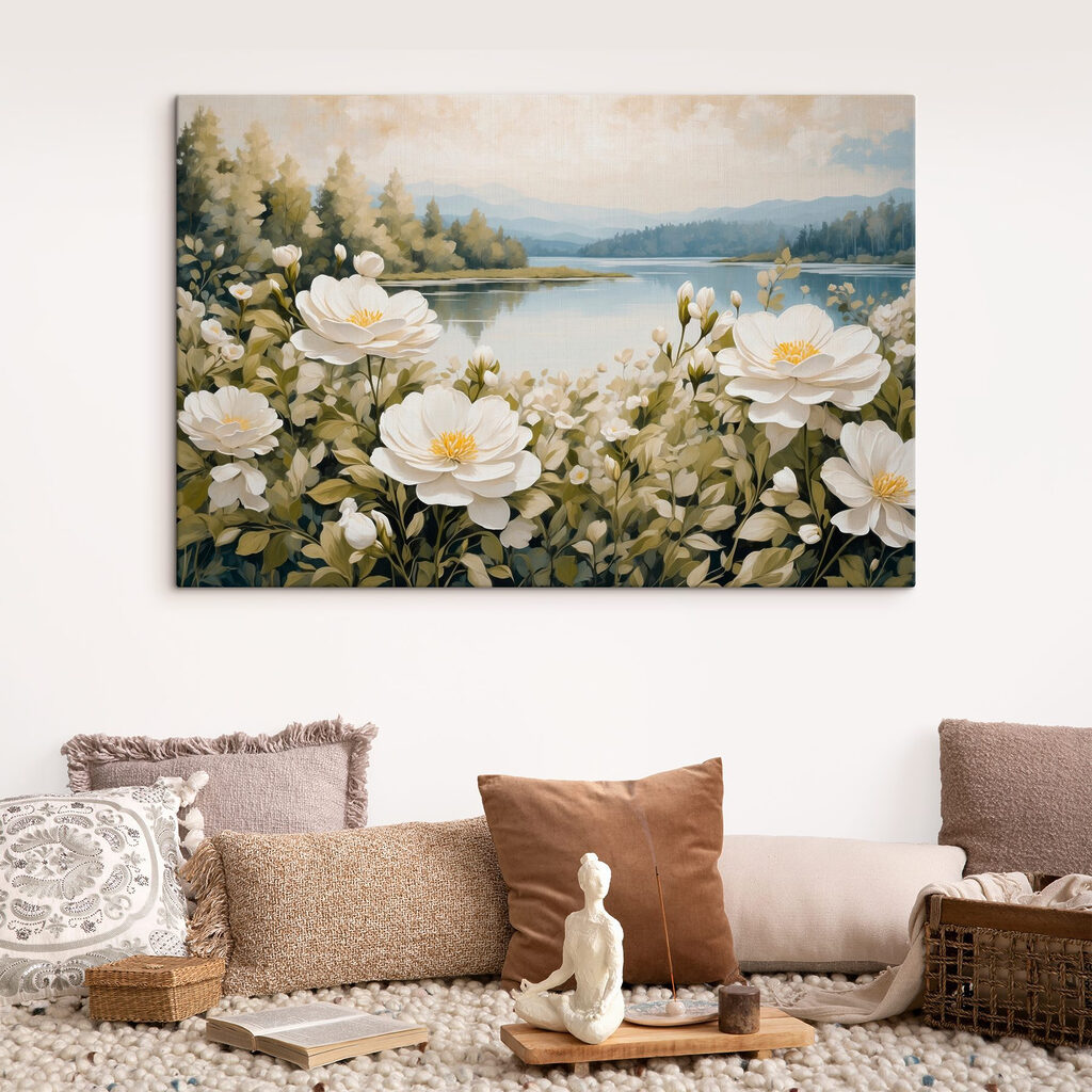 Roomwitte bloemen langs water — interieur 4