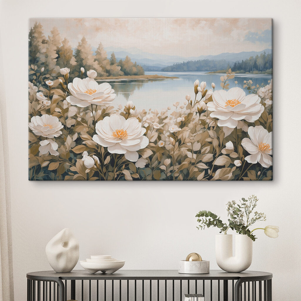 Roomwitte bloemen langs water — interieur 2