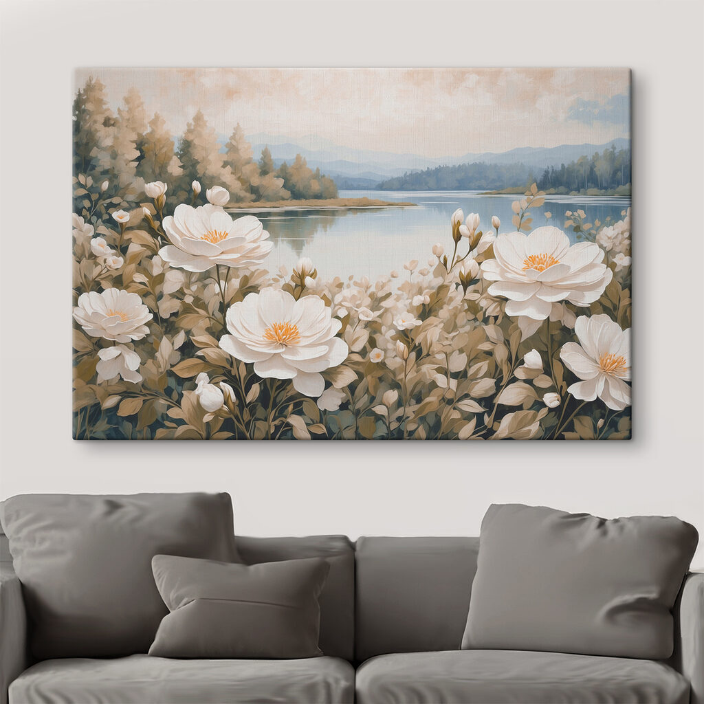 Roomwitte bloemen langs water — interieur 3