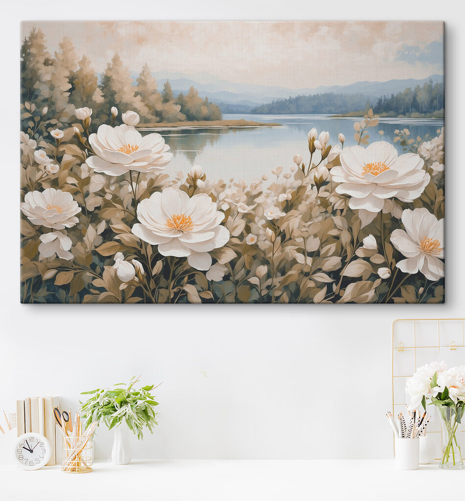 Roomwitte bloemen langs water — interieur 1