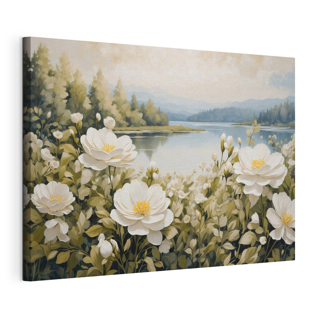 Roomwitte bloemen langs water, gespannen canvas met doorlopende rand
