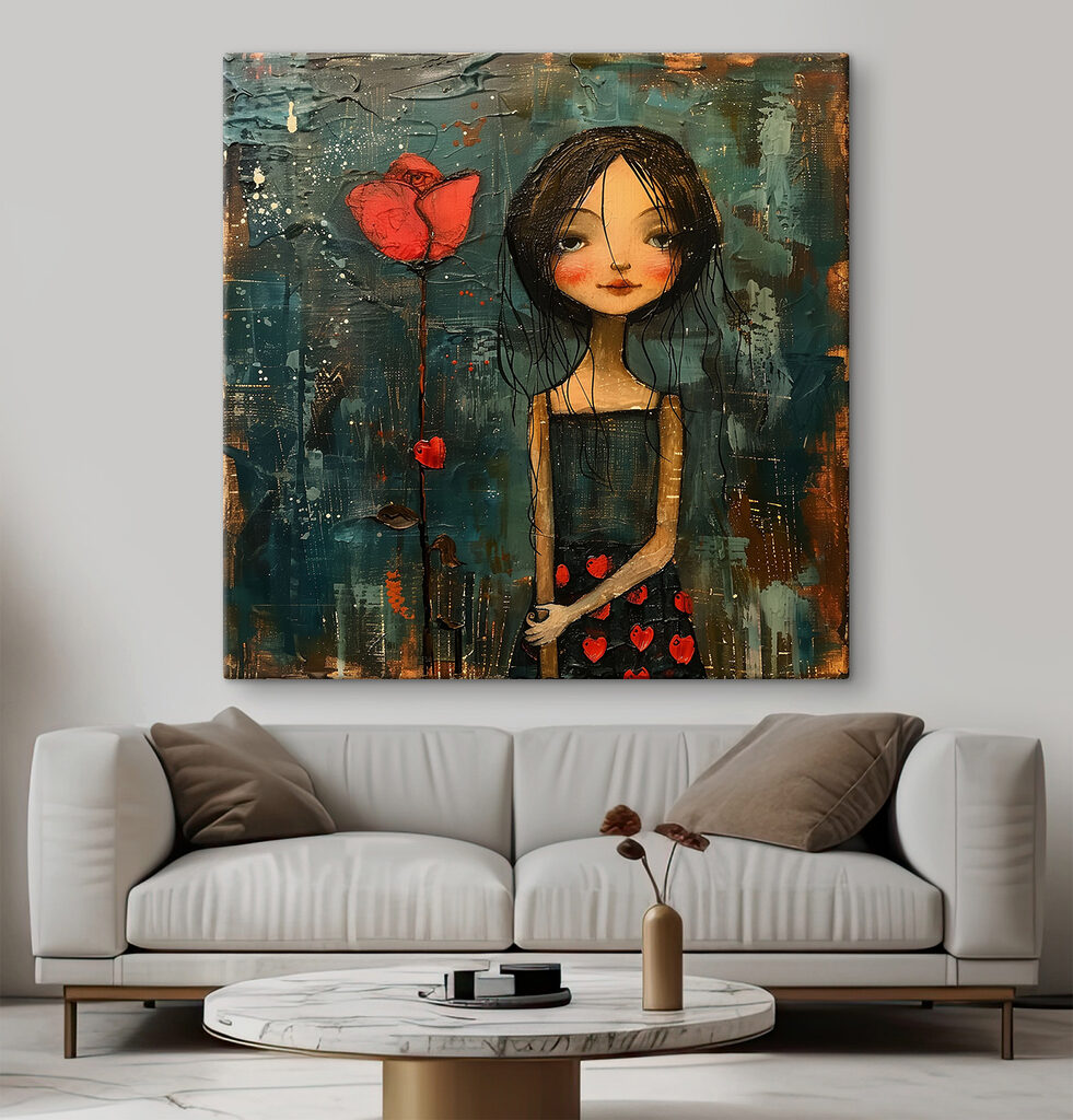 Schilderij van een meisje met een bloem in een interieur