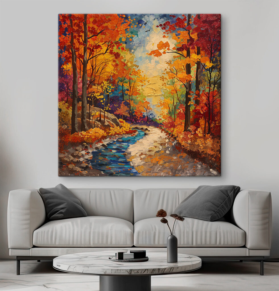 Een beek door herfstkleuren in een interieur