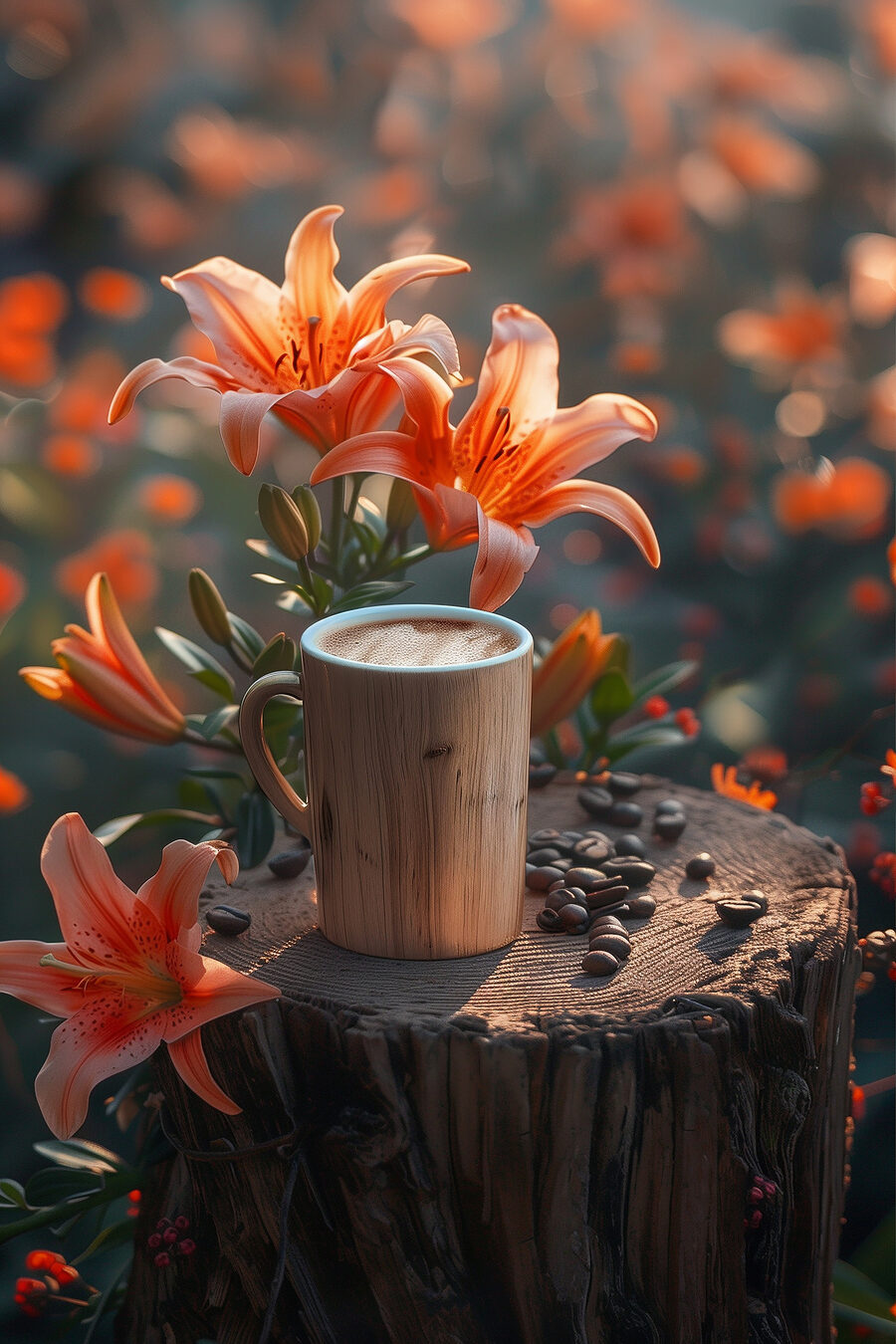 Koffie tussen oranje lelies — volledig ontwerp