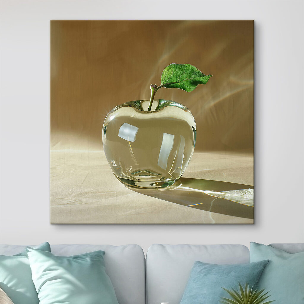 Glazen appel met een blad erop in een interieur