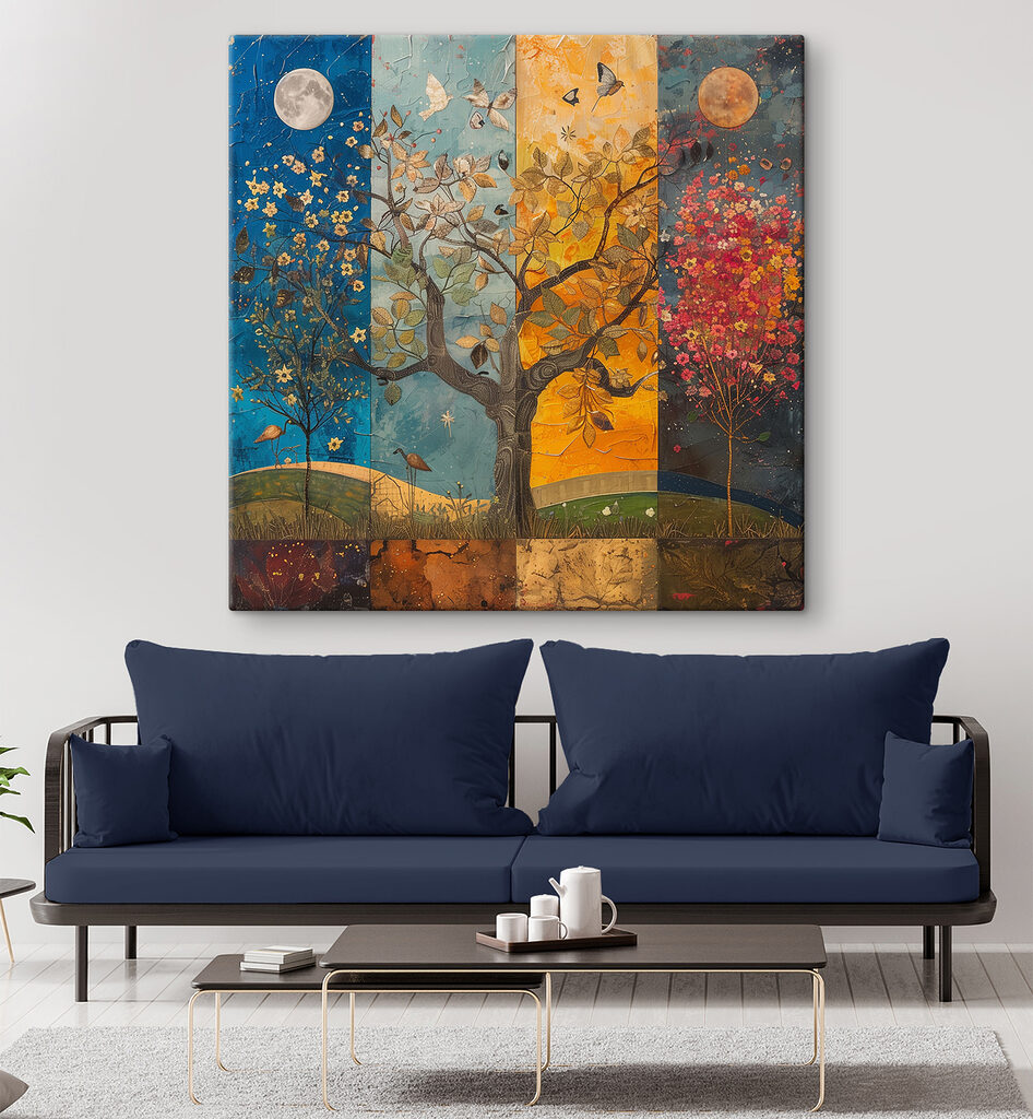 Schilderij van een boom met verschillende kleuren bomen en vogels in een interieur